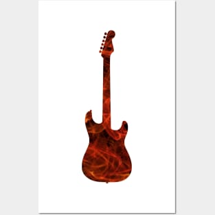 Red Flame Guitar Silhouette on Black Posters and Art